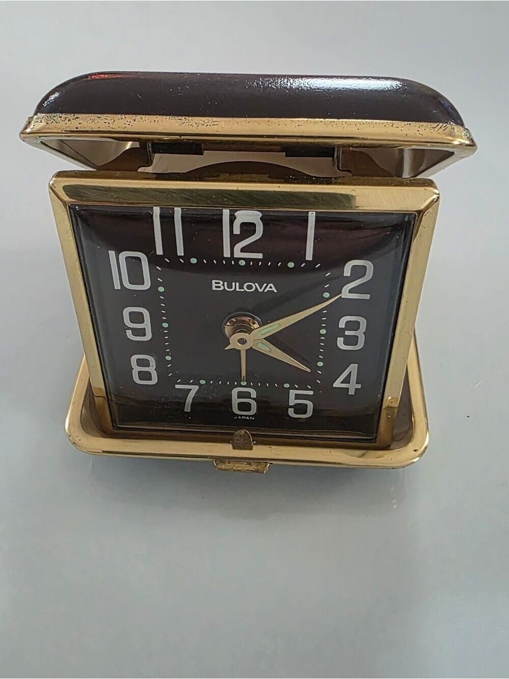 Vintage BULOVA Folding Travel Alarm Clock in Brown And Gold